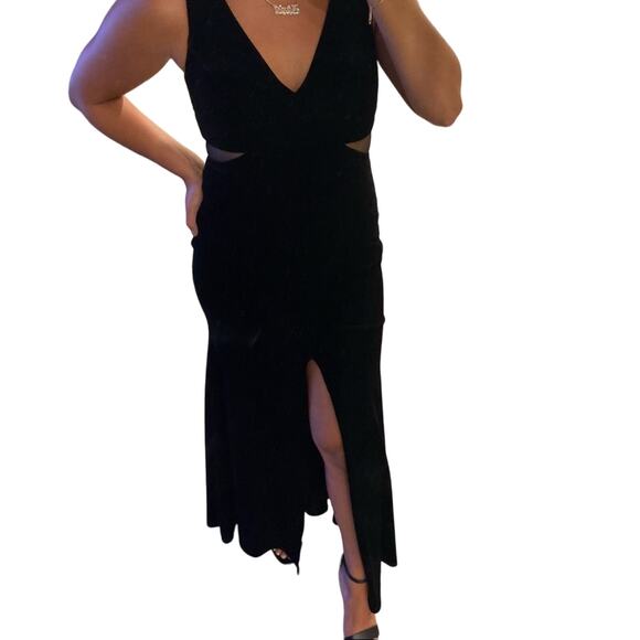 Aqua Women's Black Velvet Full-Length Mesh Inset Evening Dress Size 4 - Picture 3 of 15